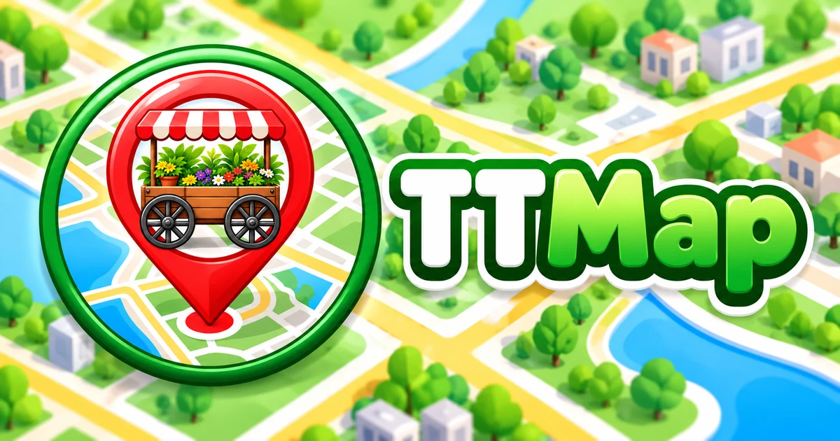 TTMap branding with a flower-cart location pin over a stylized street map