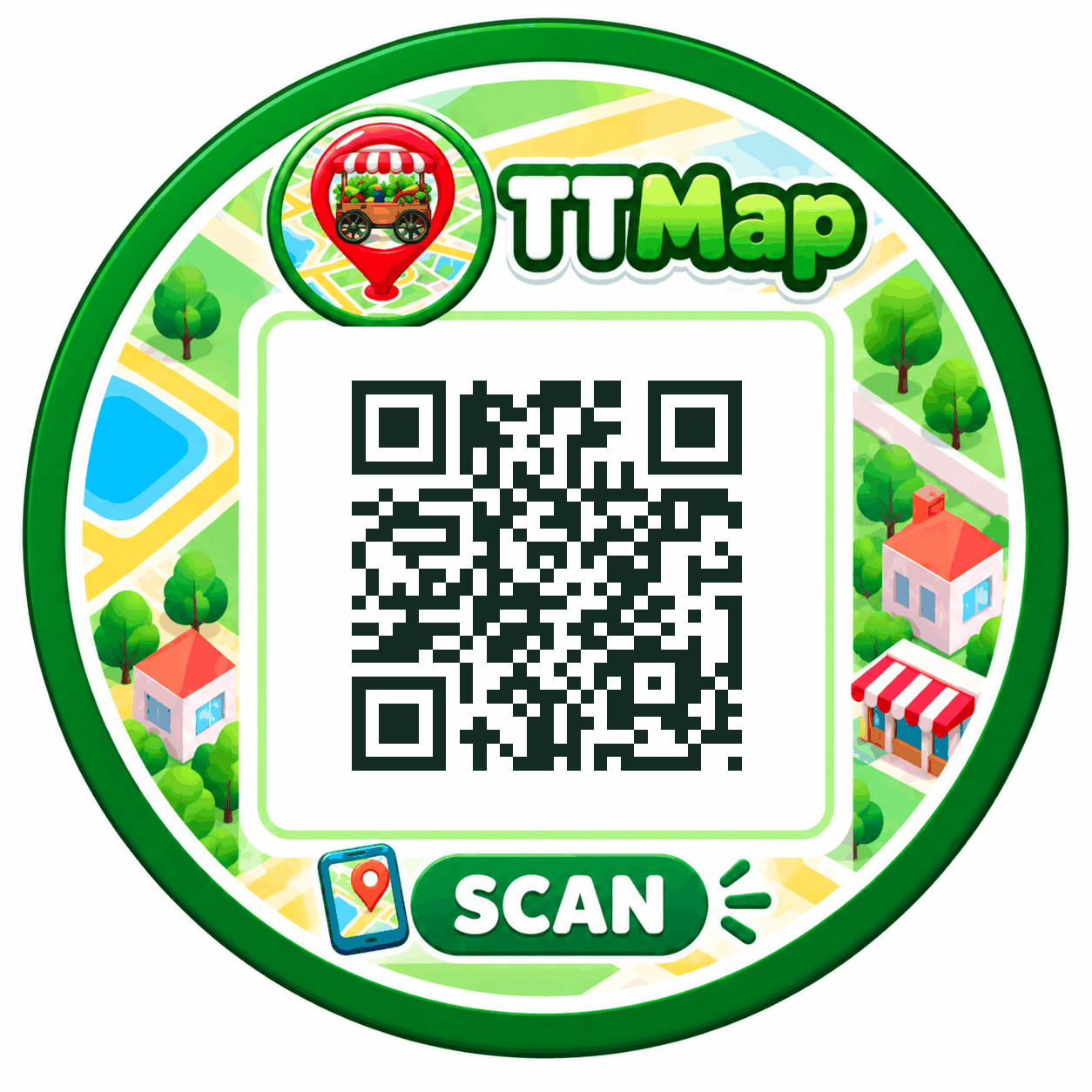 Circular green TTMap SCAN sticker with a QR code linking to the TTMap homepage